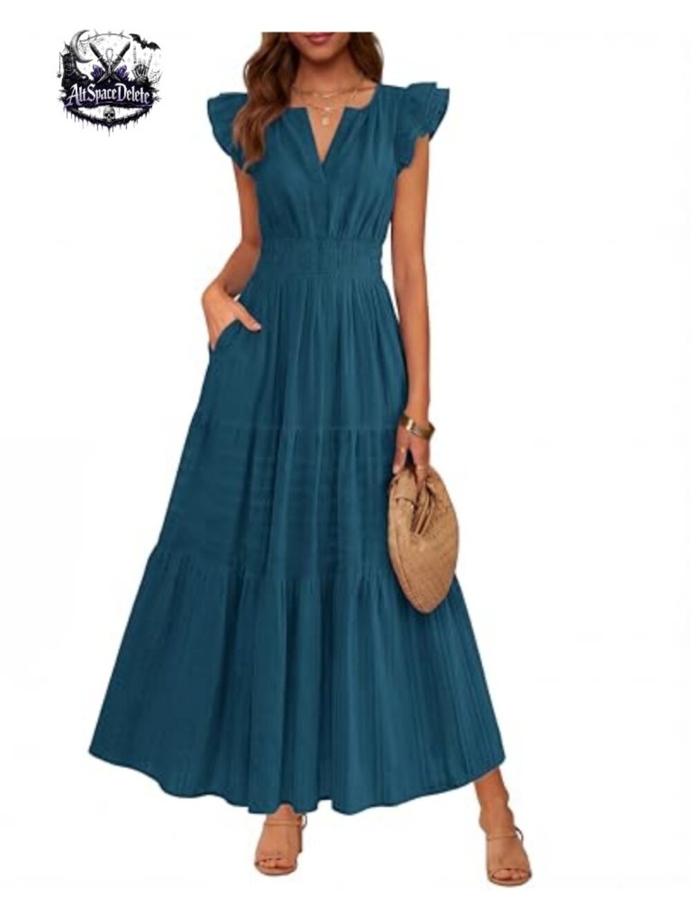 Women's Boho Maxi Dress Ruffle Sleeve V-Neck Flowy A-Line with Pockets